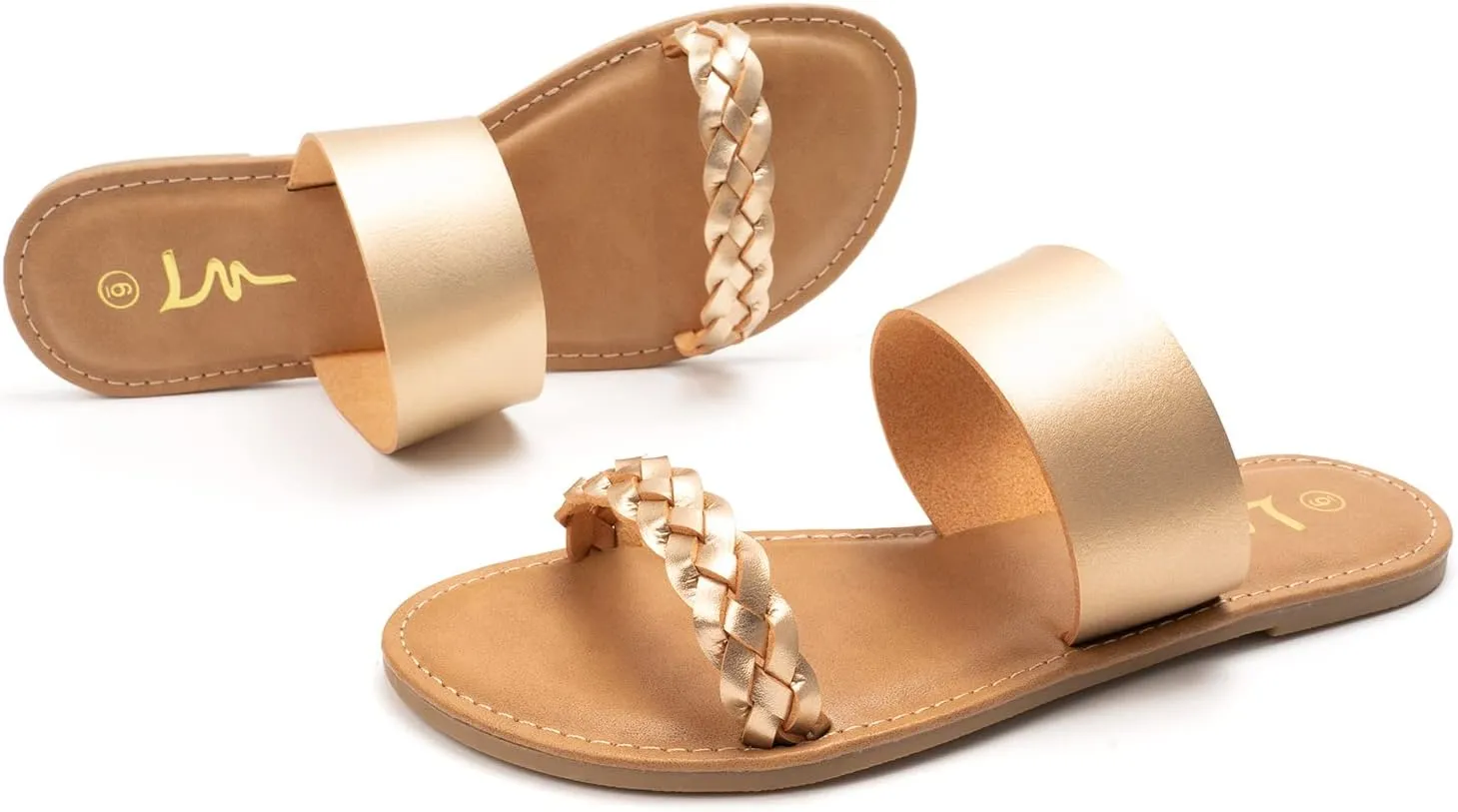 LM Women's Braided Slide Sandals Open Toe Two Band Slip On Flat Sandals Casual Summer Sandals