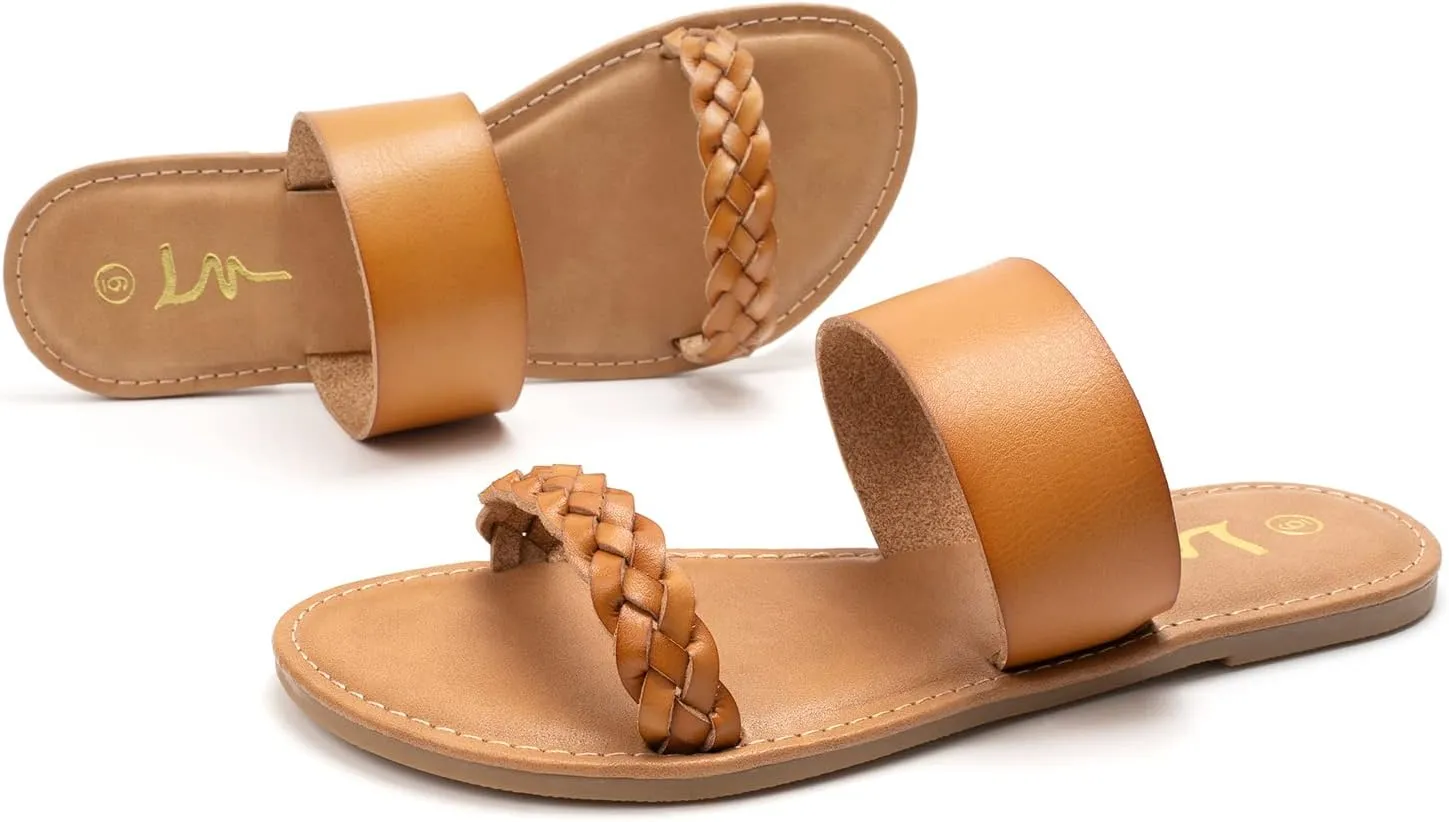LM Women's Braided Slide Sandals Open Toe Two Band Slip On Flat Sandals Casual Summer Sandals