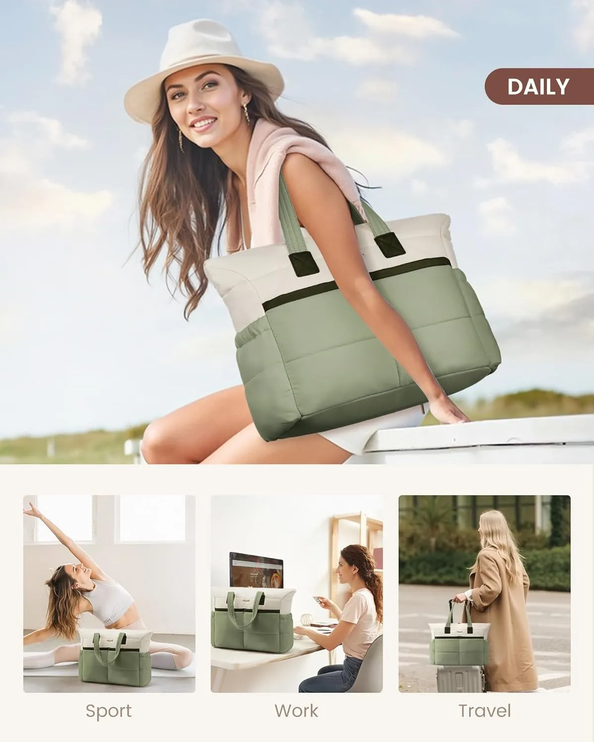 LOVEVOOK Tote Bag for Women,Light Puffer Tote Bag with Multi-pockets,Stylish Carry on Laptop Bags for Daily,Travel,Work,Gym