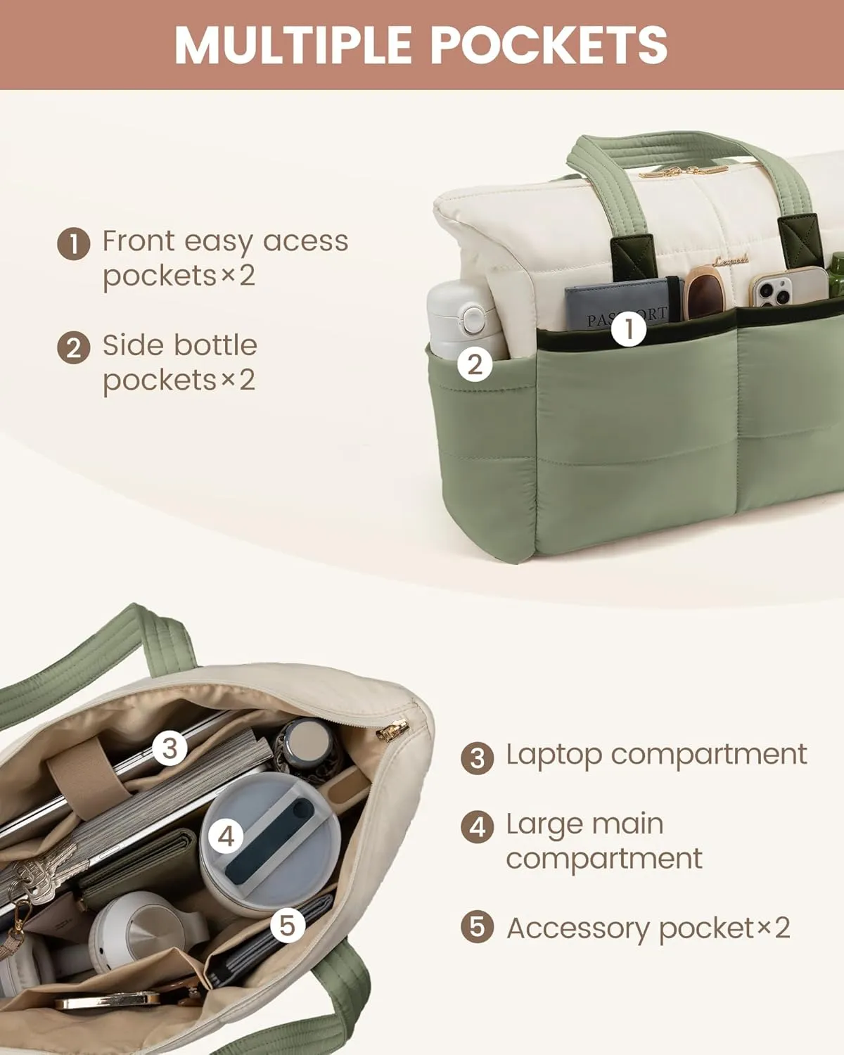 LOVEVOOK Tote Bag for Women,Light Puffer Tote Bag with Multi-pockets,Stylish Carry on Laptop Bags for Daily,Travel,Work,Gym