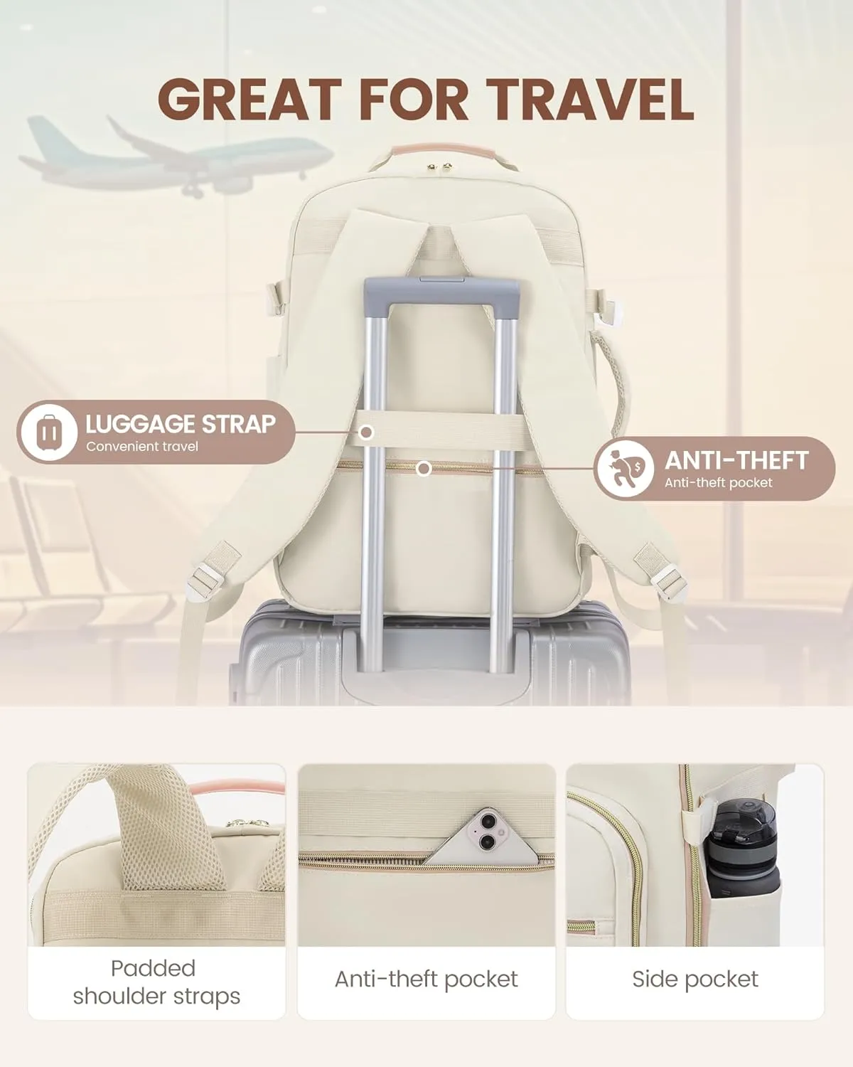 LOVEVOOK Travel Backpack for Women, 40L Personal Item Backpack Flight Approved with 3 Packing Cubes, Water Resistant Carry on Backpacks Luggage Daypack Business Weekender Bag, Beige-Flesh beige