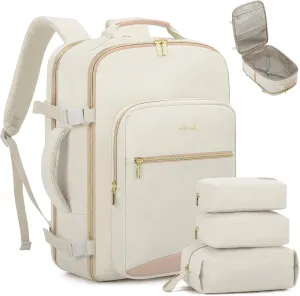 LOVEVOOK Travel Backpack for Women, 40L Personal Item Backpack Flight Approved with 3 Packing Cubes, Water Resistant Carry on Backpacks Luggage Daypack Business Weekender Bag, Beige-Flesh beige