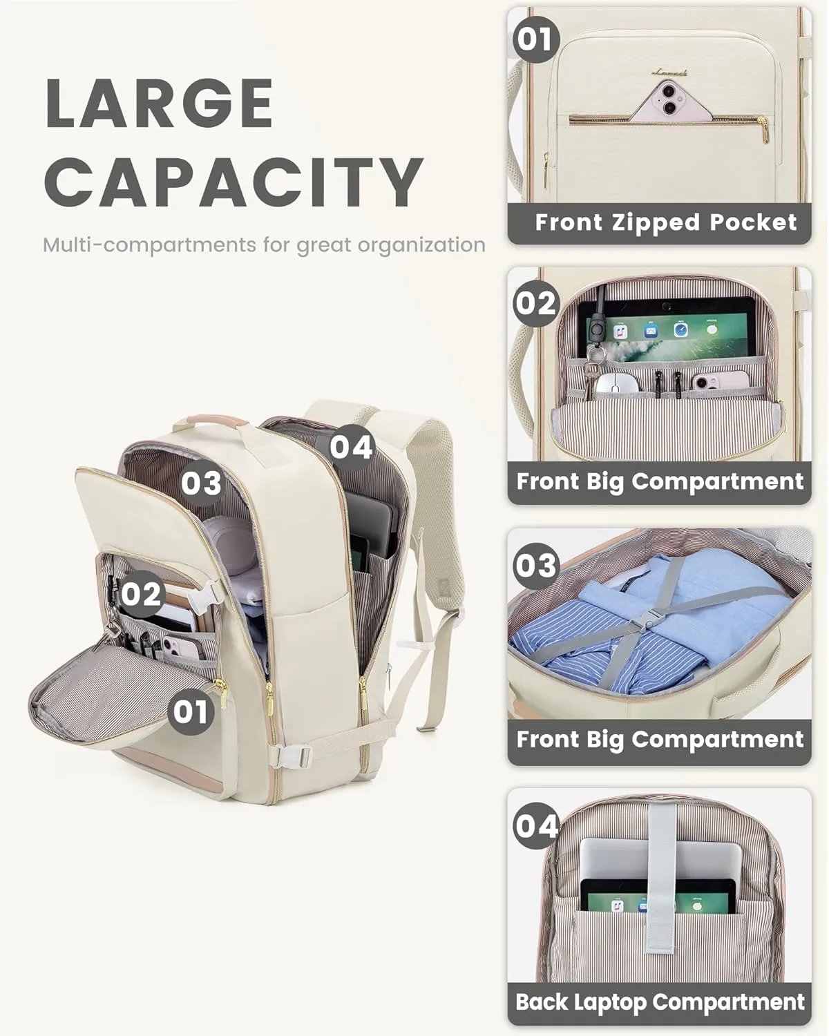 LOVEVOOK Travel Backpack for Women, 40L Personal Item Backpack Flight Approved with 3 Packing Cubes, Water Resistant Carry on Backpacks Luggage Daypack Business Weekender Bag, Beige-Flesh beige