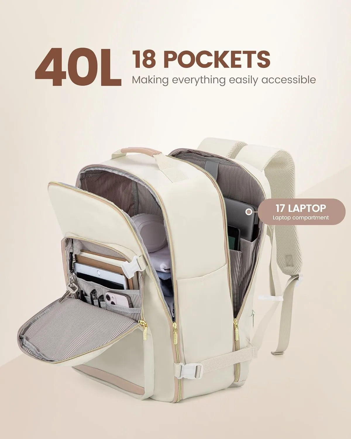 LOVEVOOK Travel Backpack for Women, 40L Personal Item Backpack Flight Approved with 3 Packing Cubes, Water Resistant Carry on Backpacks Luggage Daypack Business Weekender Bag, Beige-Flesh beige