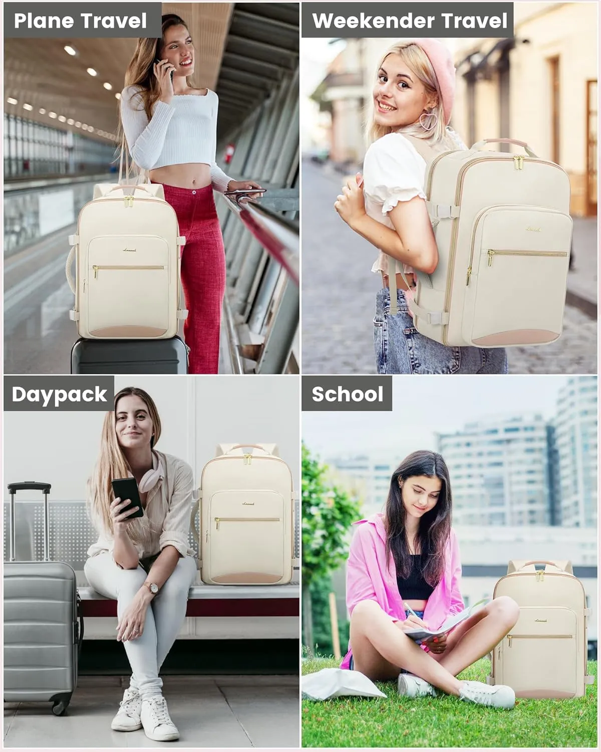 LOVEVOOK Travel Backpack for Women, 40L Personal Item Backpack Flight Approved with 3 Packing Cubes, Water Resistant Carry on Backpacks Luggage Daypack Business Weekender Bag, Beige-Flesh beige