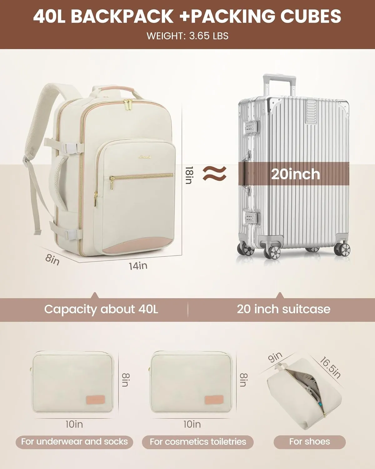LOVEVOOK Travel Backpack for Women, 40L Personal Item Backpack Flight Approved with 3 Packing Cubes, Water Resistant Carry on Backpacks Luggage Daypack Business Weekender Bag, Beige-Flesh beige