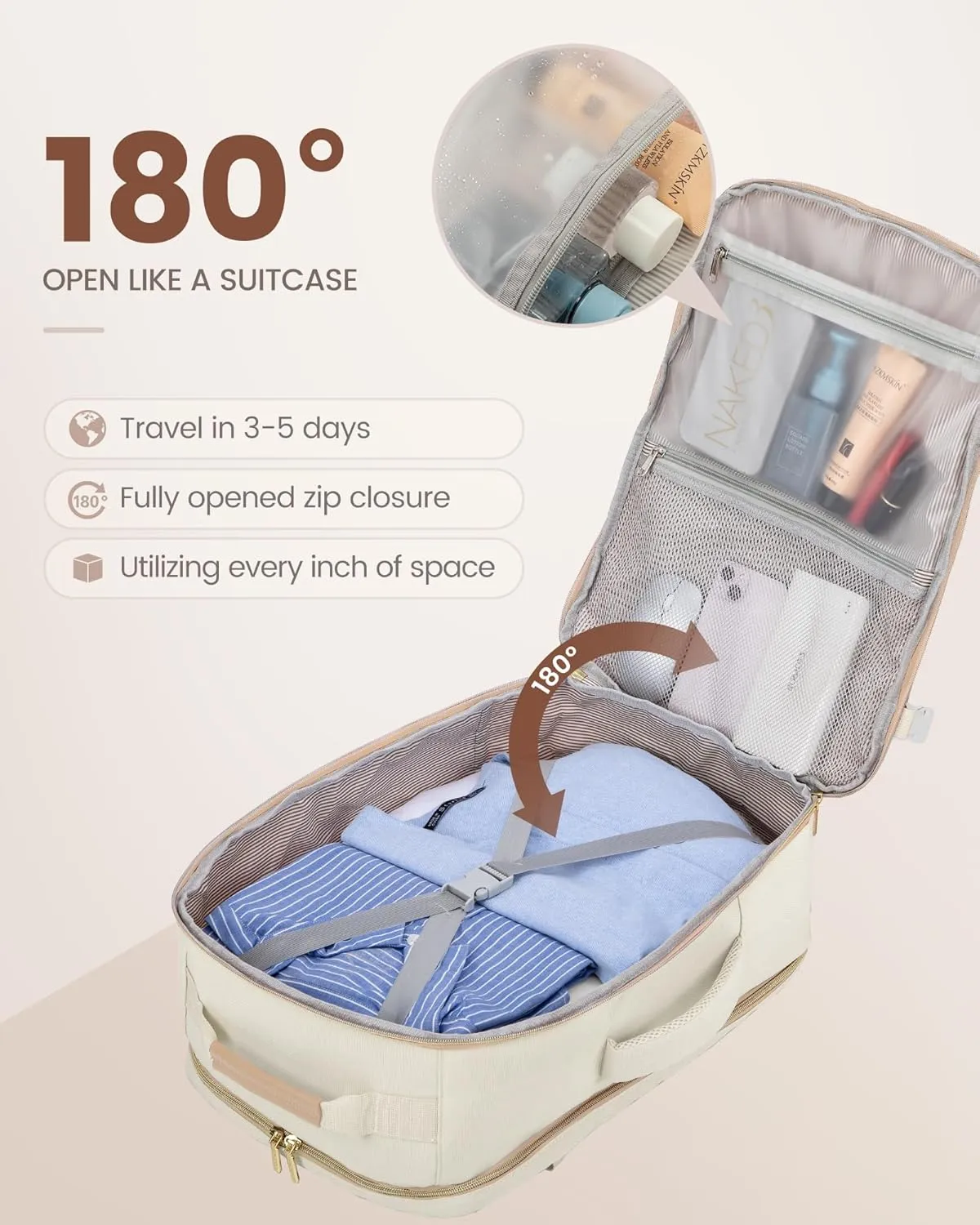 LOVEVOOK Travel Backpack for Women, 40L Personal Item Backpack Flight Approved with 3 Packing Cubes, Water Resistant Carry on Backpacks Luggage Daypack Business Weekender Bag, Beige-Flesh beige