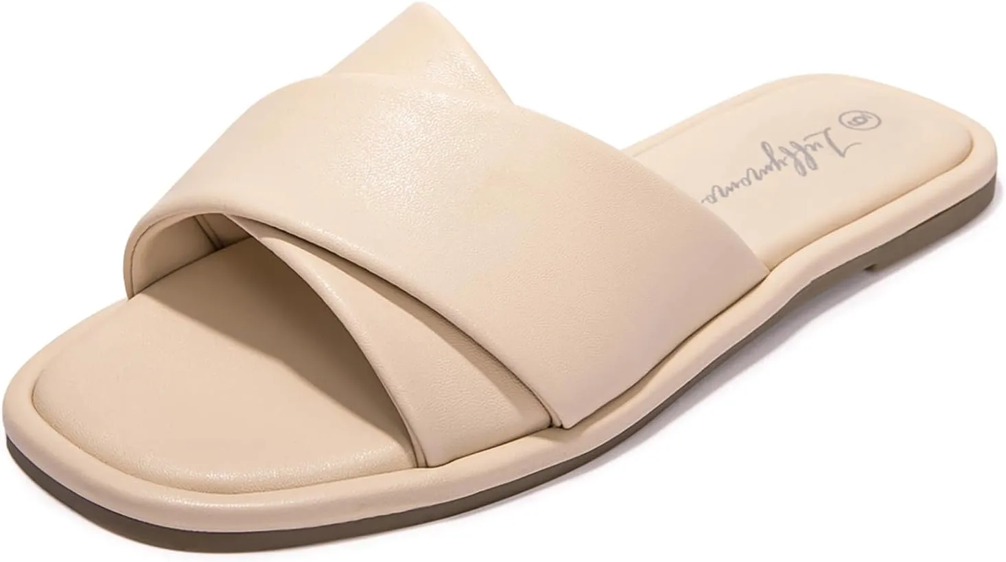 Luffymomo Womens Square Toe Flat Sandals Soft Leather Slide Sandals Cute Slip on Slippers for Summer