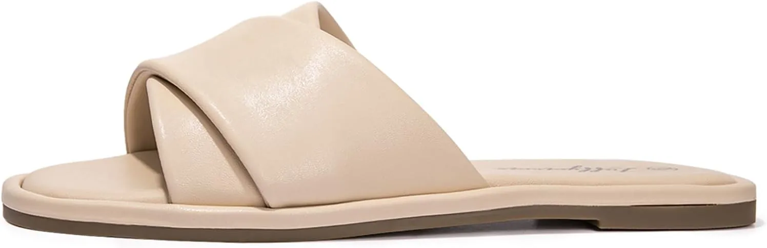 Luffymomo Womens Square Toe Flat Sandals Soft Leather Slide Sandals Cute Slip on Slippers for Summer