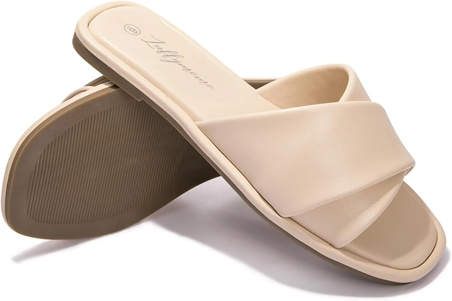 Luffymomo Womens Square Toe Flat Sandals Soft Leather Slide Sandals Cute Slip on Slippers for Summer