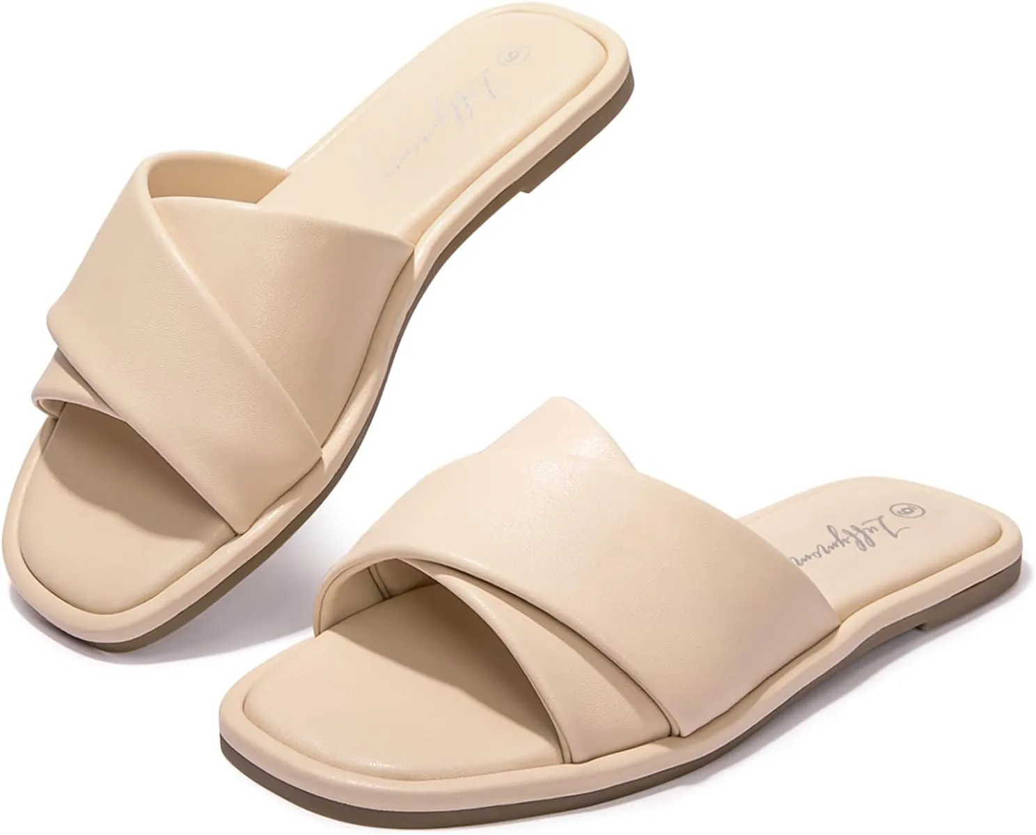 Luffymomo Womens Square Toe Flat Sandals Soft Leather Slide Sandals Cute Slip on Slippers for Summer