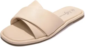 Luffymomo Womens Square Toe Flat Sandals Soft Leather Slide Sandals Cute Slip on Slippers for Summer