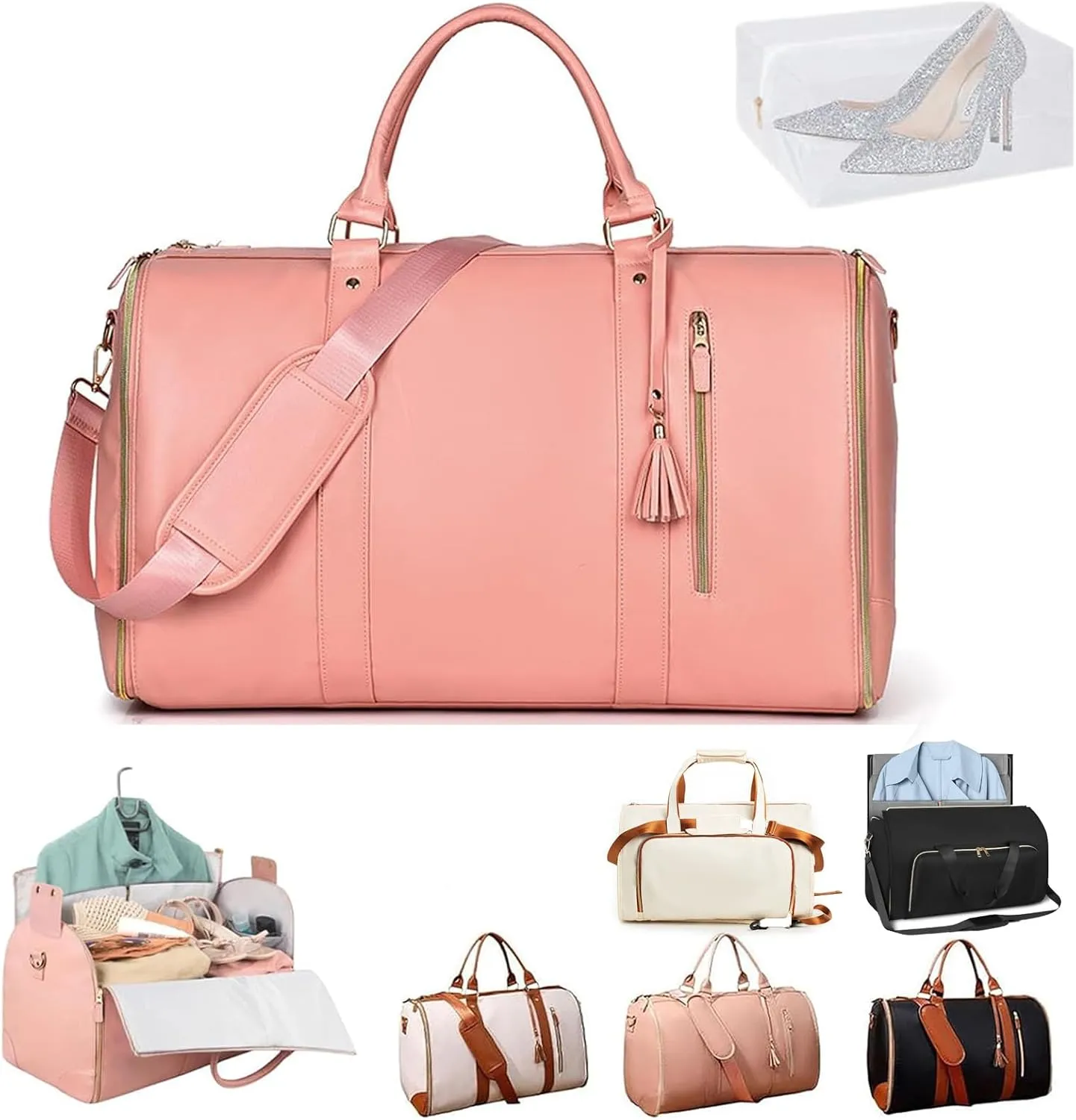 Luxe Mega Bag, Jenni Bag Travel Bag With Wheels, PU Leather 2 in 1 Hanging Suitcase Travel Bags, Waterproof Convertible Garment Bags for Travel with Shoe Pouch (Pink(Without pull rod))