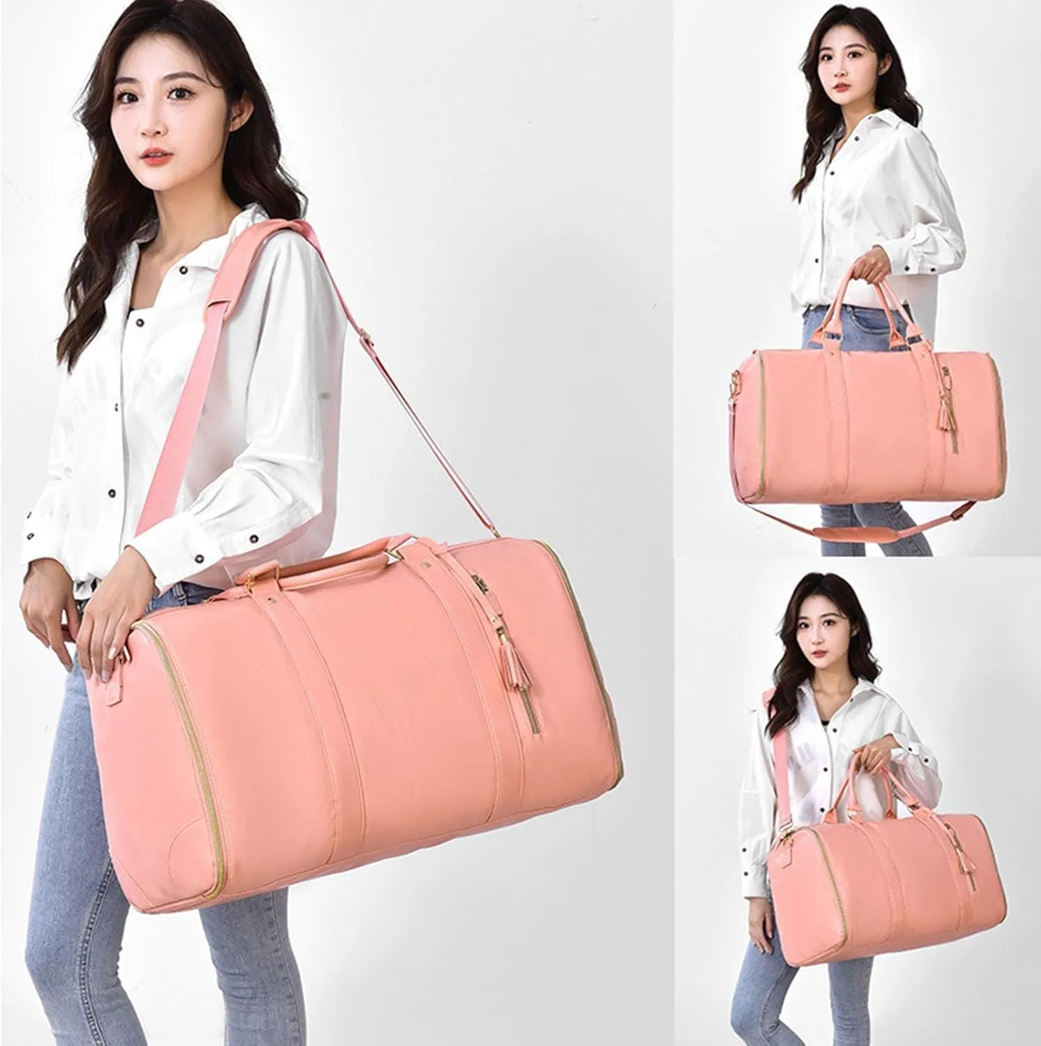Luxe Mega Bag, Jenni Bag Travel Bag With Wheels, PU Leather 2 in 1 Hanging Suitcase Travel Bags, Waterproof Convertible Garment Bags for Travel with Shoe Pouch (Pink(Without pull rod))