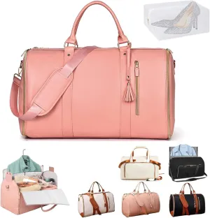 Luxe Mega Bag, Jenni Bag Travel Bag With Wheels, PU Leather 2 in 1 Hanging Suitcase Travel Bags, Waterproof Convertible Garment Bags for Travel with Shoe Pouch (Pink(Without pull rod))