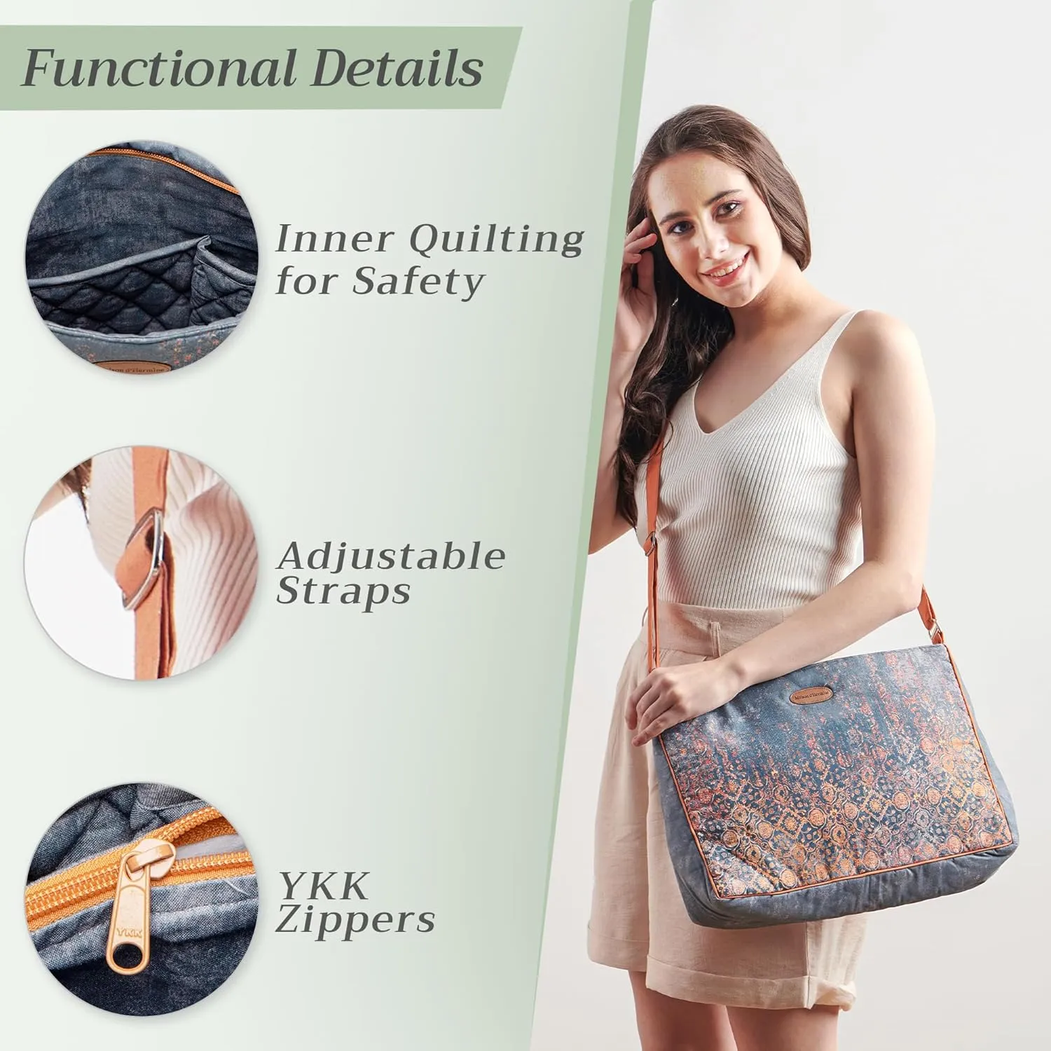 Maison d' Hermine Hand Bag Cotton Adjustable Shoulder Strap Cross Body Bag Tote purse with Zippered & Slip Pockets
