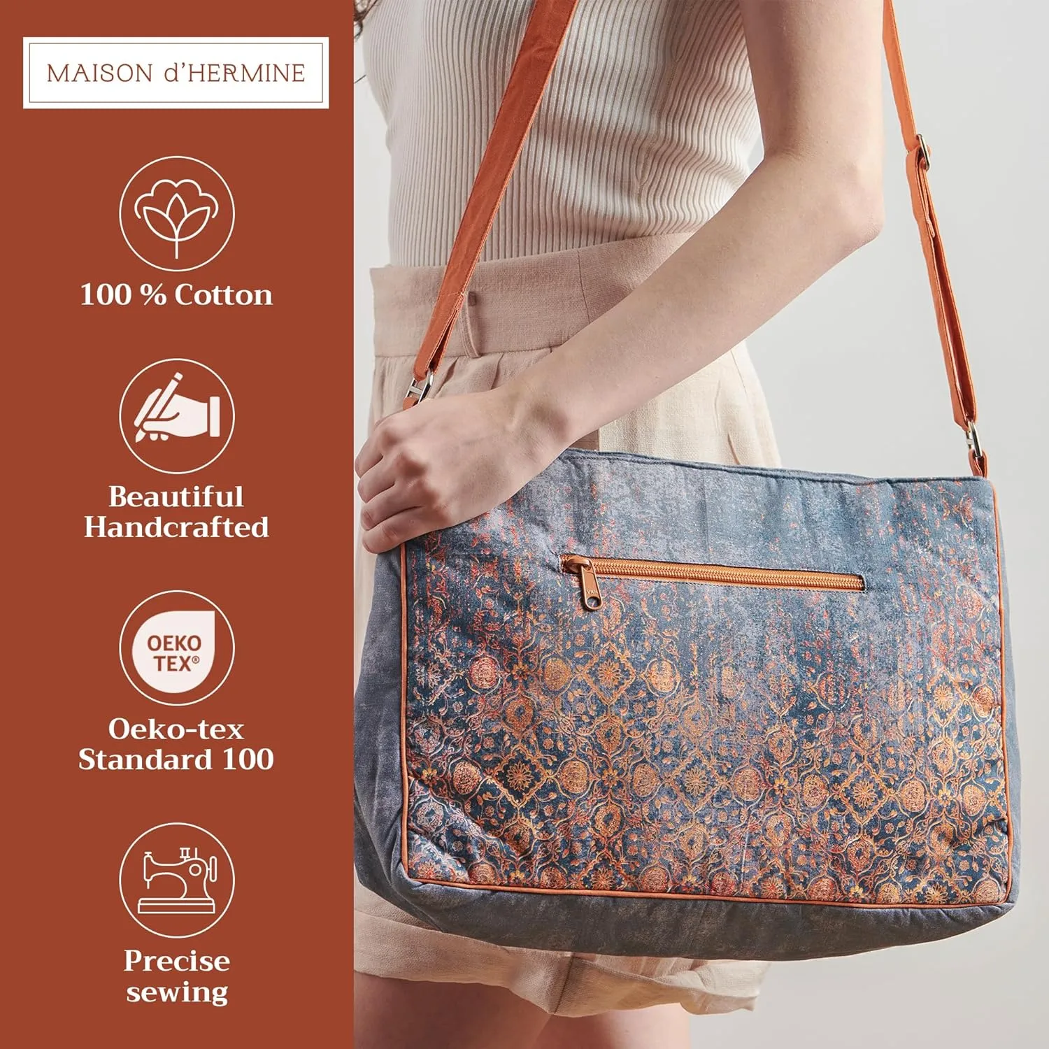 Maison d' Hermine Hand Bag Cotton Adjustable Shoulder Strap Cross Body Bag Tote purse with Zippered & Slip Pockets