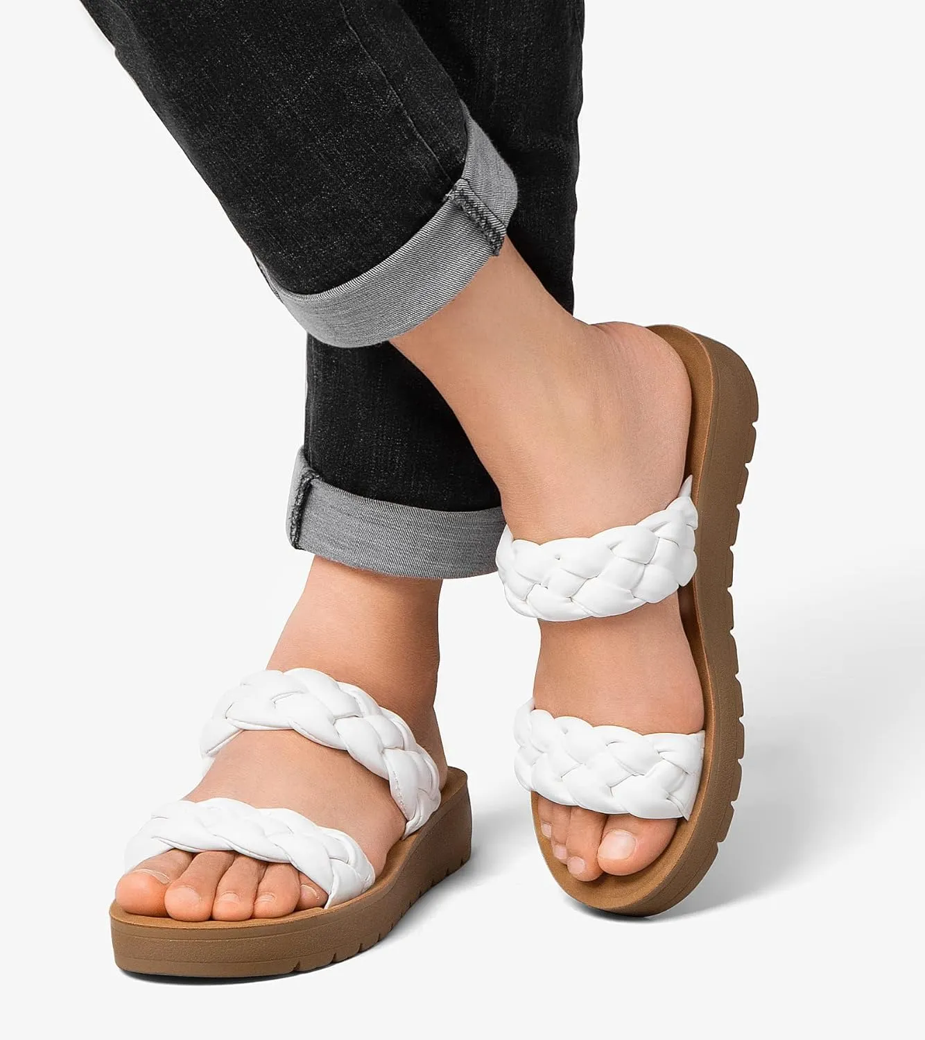 MaxMuxun Women's Braided Flat Sandals 2025 Two Band Open Toe Slide Sandals Slip On Summer Casual Mules Shoes