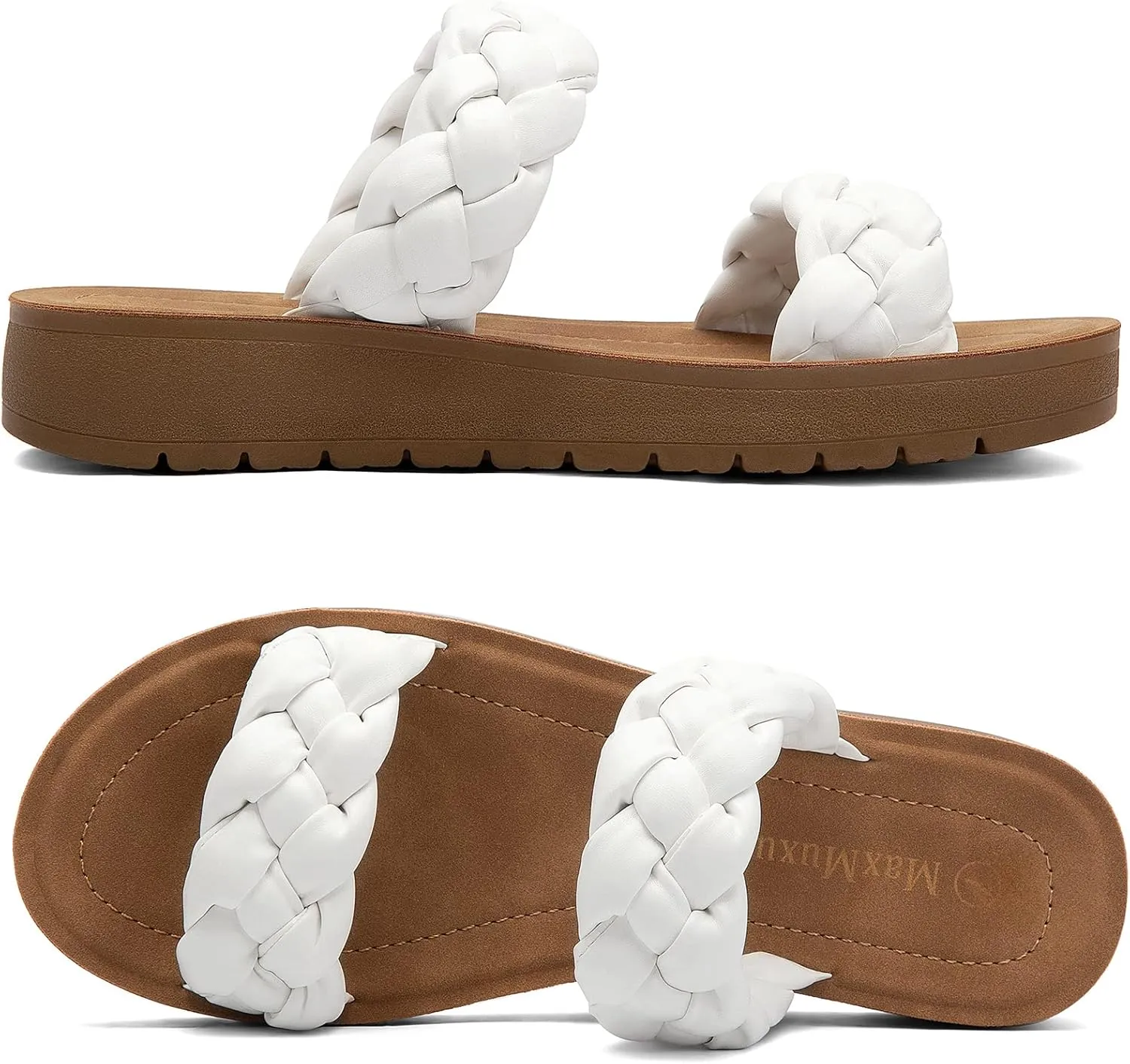 MaxMuxun Women's Braided Flat Sandals 2025 Two Band Open Toe Slide Sandals Slip On Summer Casual Mules Shoes