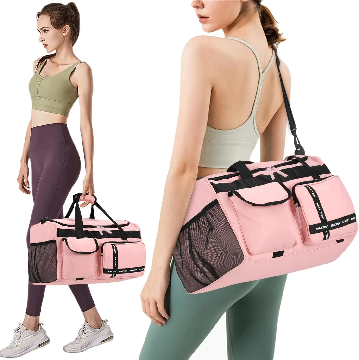 MAXTOP Gym Bag for Women Travel Duffle Carry On Tote Weekender Bag Large Capacity Pink Overnight Bag With Shoe Compartment Gym Tote with Dry and Wet Separation