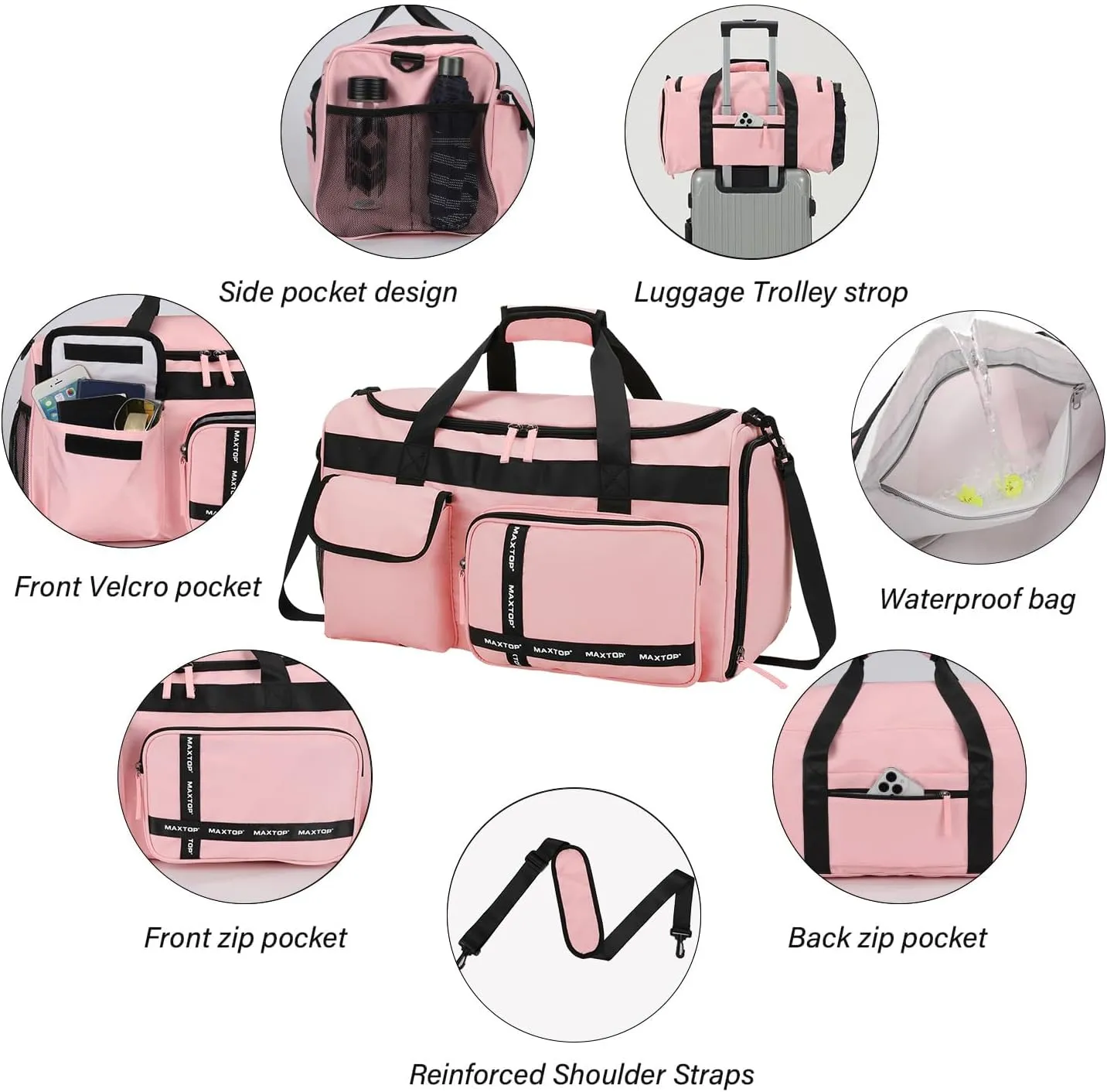 MAXTOP Gym Bag for Women Travel Duffle Carry On Tote Weekender Bag Large Capacity Pink Overnight Bag With Shoe Compartment Gym Tote with Dry and Wet Separation