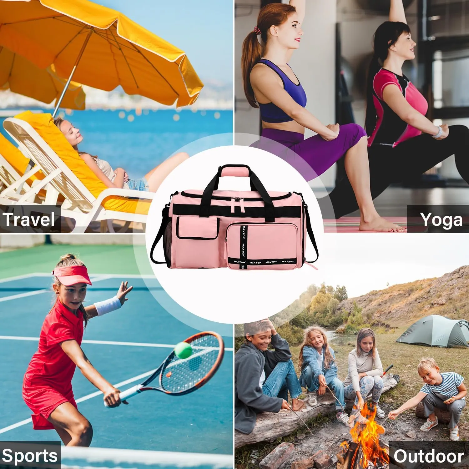 MAXTOP Gym Bag for Women Travel Duffle Carry On Tote Weekender Bag Large Capacity Pink Overnight Bag With Shoe Compartment Gym Tote with Dry and Wet Separation