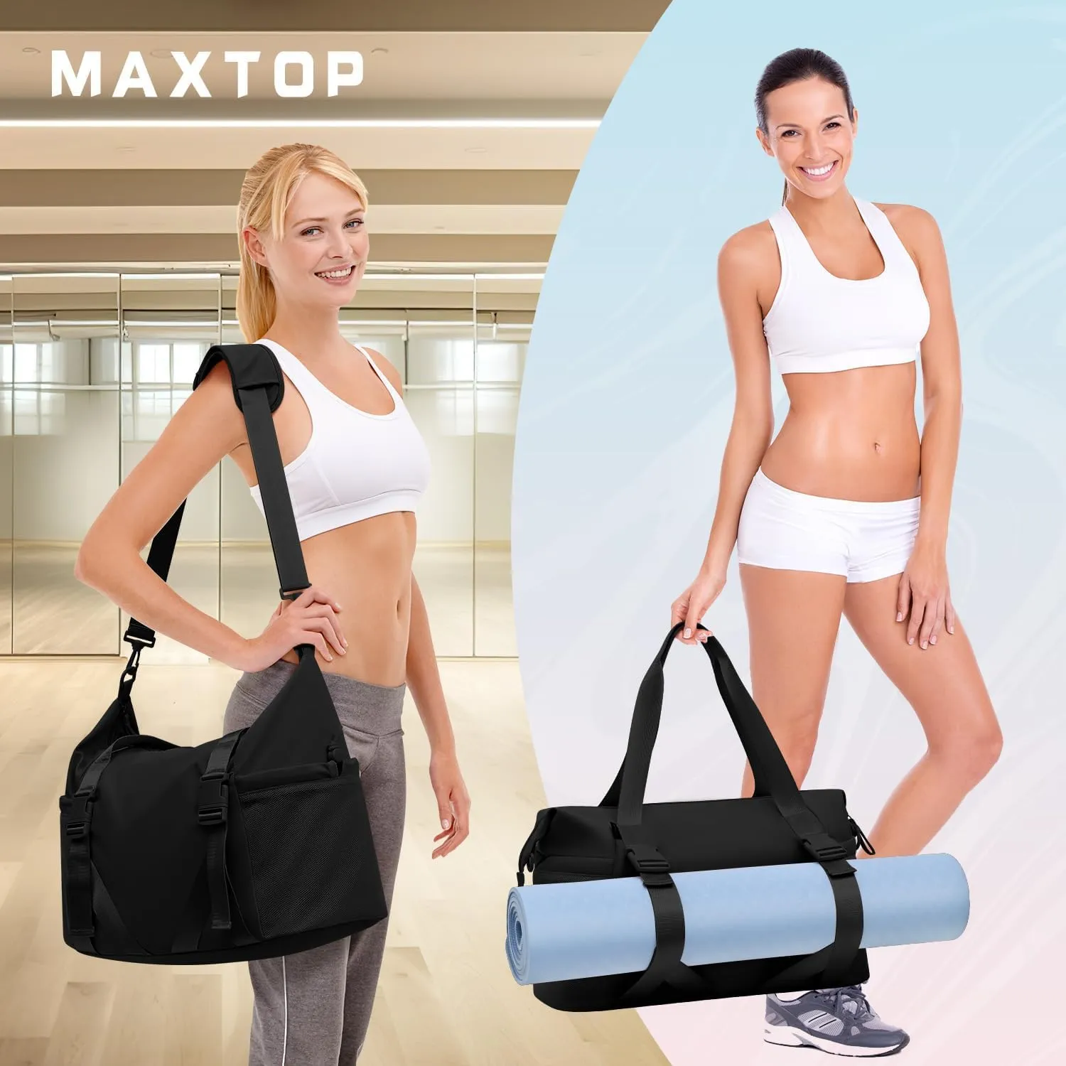 MAXTOP Women's Gym Yoga Duffle Bag with Shoe Pouch,Multi-Purpose Overnight Travel Bag for Gym,Work, Dance, Sports