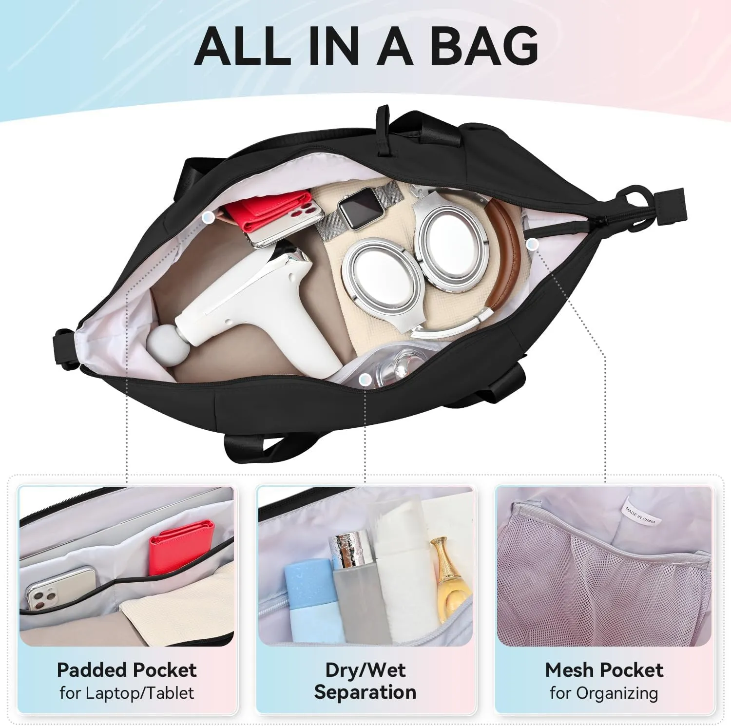 MAXTOP Women's Gym Yoga Duffle Bag with Shoe Pouch,Multi-Purpose Overnight Travel Bag for Gym,Work, Dance, Sports