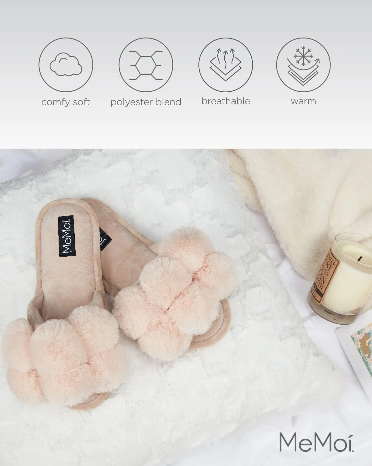 MeMoi Women's Luxe Pom-Pom Memory Foam Plush Slippers