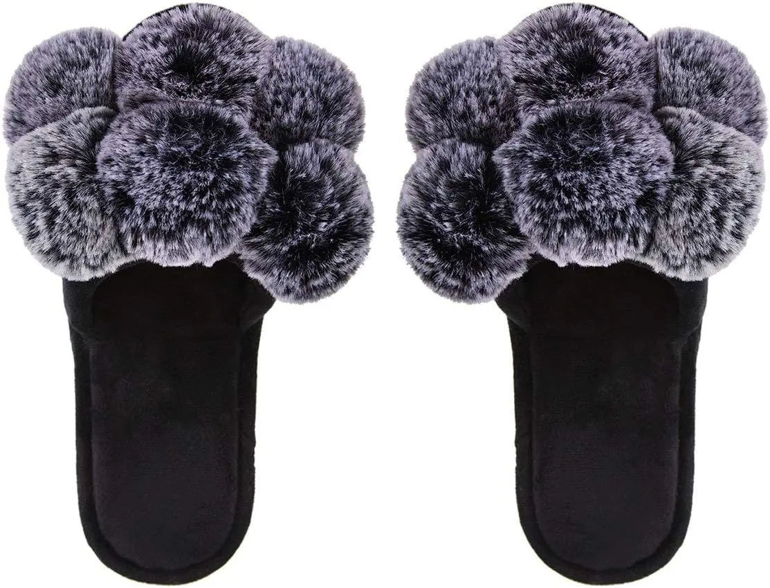 MeMoi Women's Luxe Pom-Pom Memory Foam Plush Slippers