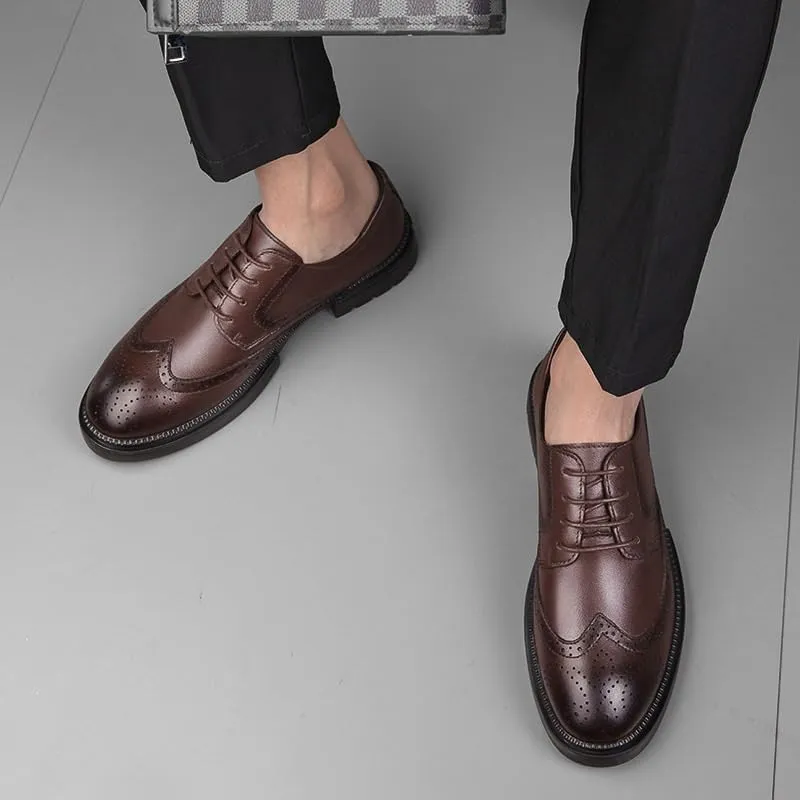 Men's Brogue Oxfords Shoes - Fashion Slip-On Round Anti-Slip Mid Chunky Heels for Work & Dress