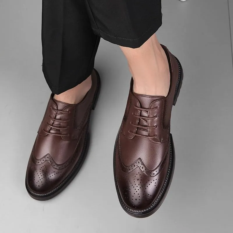 Men's Brogue Oxfords Shoes - Fashion Slip-On Round Anti-Slip Mid Chunky Heels for Work & Dress