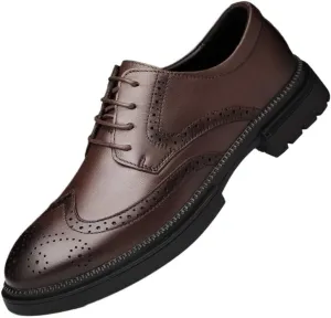 Men's Brogue Oxfords Shoes - Fashion Slip-On Round Anti-Slip Mid Chunky Heels for Work & Dress