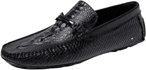 Men's Driving Moccasins - Round Toe Faux Crocodile Print Leather Slip-Ons, Lightweight Anti-Slip Flat Heel, Flexible Walking Casual Shoes