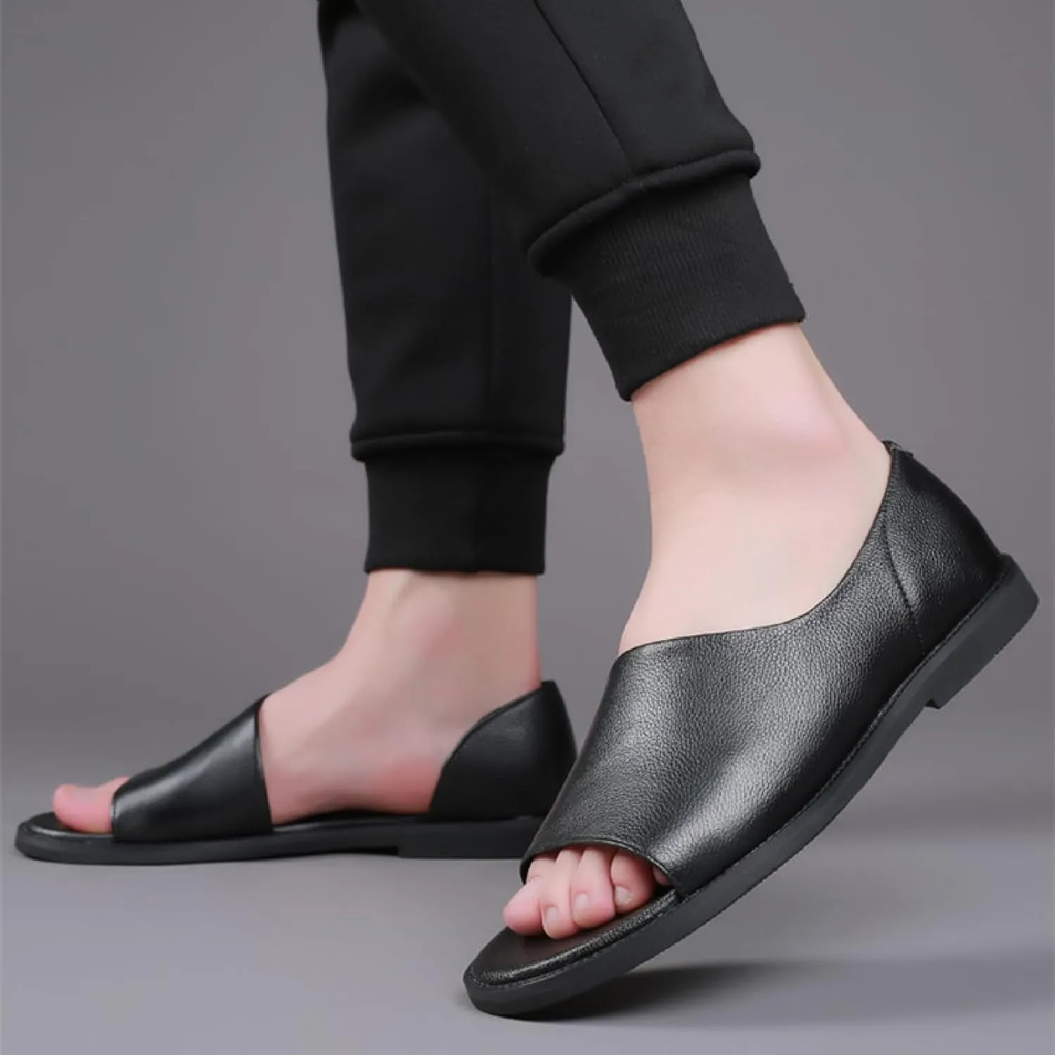 Men's Genuine Leather Cutout Water Shoes Slip On Flat Comfortable Open Toe Outdoor Casual Beach Light Weight Fisherman Sandals
