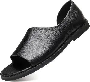 Men's Genuine Leather Cutout Water Shoes Slip On Flat Comfortable Open Toe Outdoor Casual Beach Light Weight Fisherman Sandals