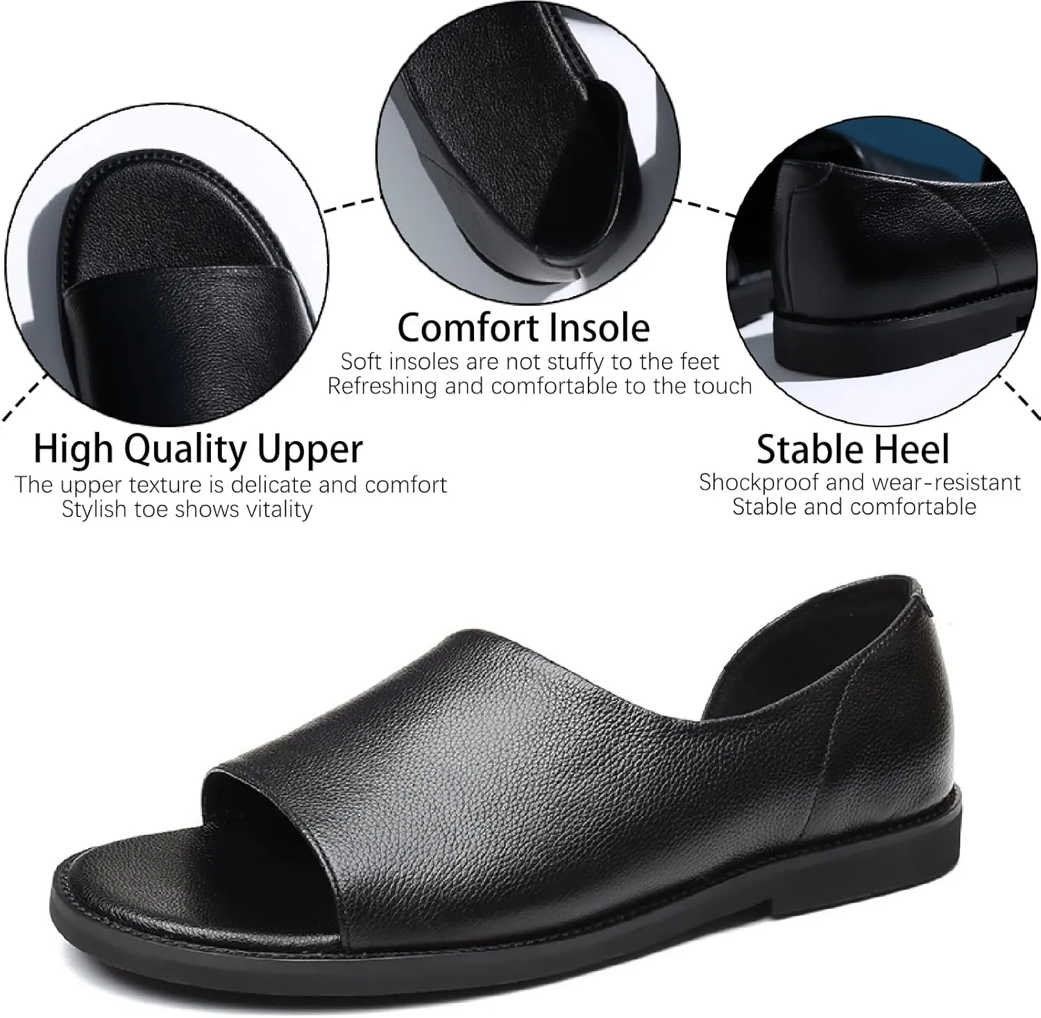 Men's Genuine Leather Cutout Water Shoes Slip On Flat Comfortable Open Toe Outdoor Casual Beach Light Weight Fisherman Sandals