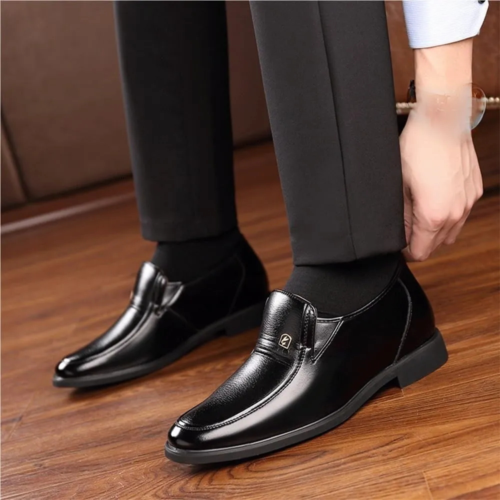 Men's Invisible Elevator Shoes Height Increase Genuine Leather Slip On Casual Business Footwear Black