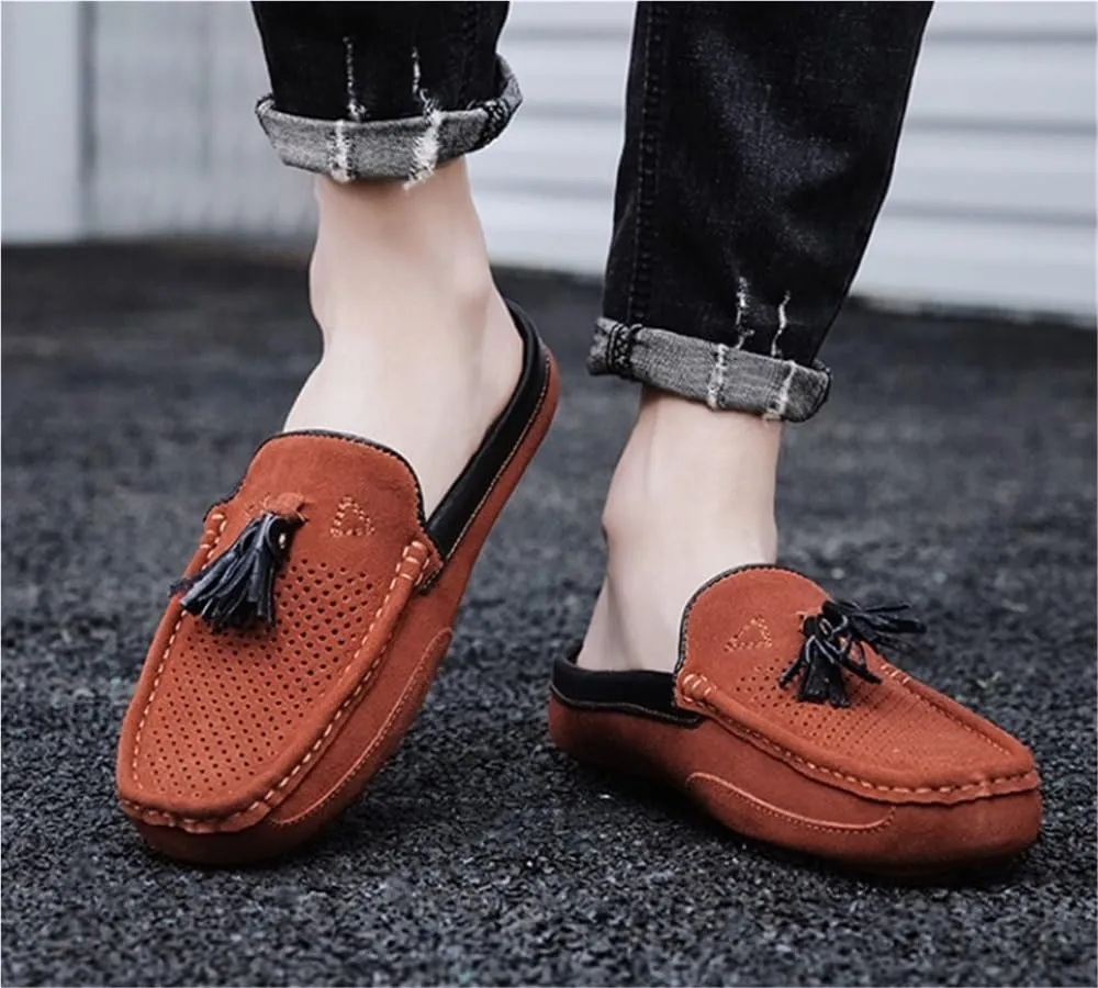 Mens Loafers Shoes Genuine Leather Tassel Stitching Details Perforated Breathable Flexible Comfortable Lightweight Flat Heel Slip Resistant
