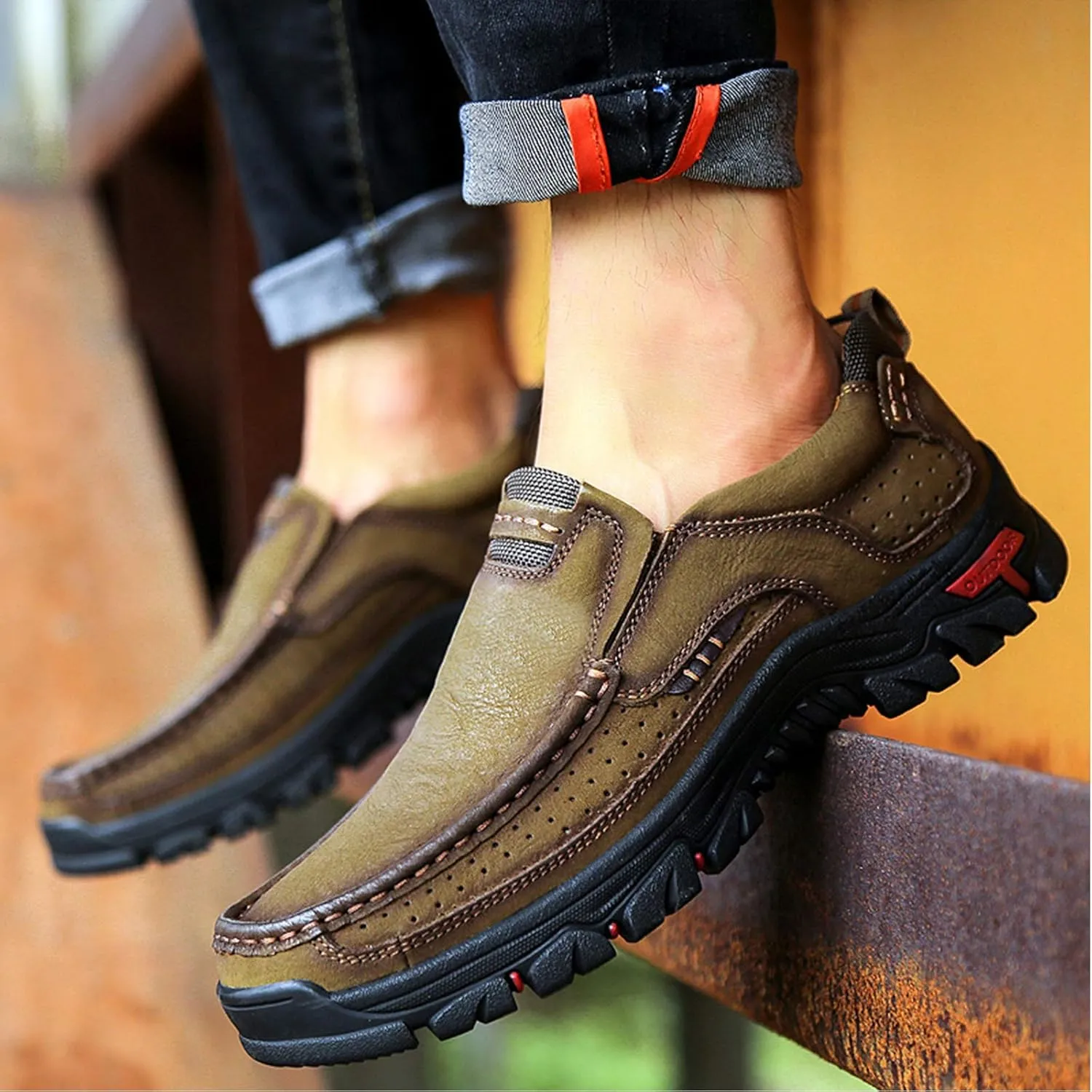 Mens Slip On Casual Shoes Leather Comfortable Walking Loafers