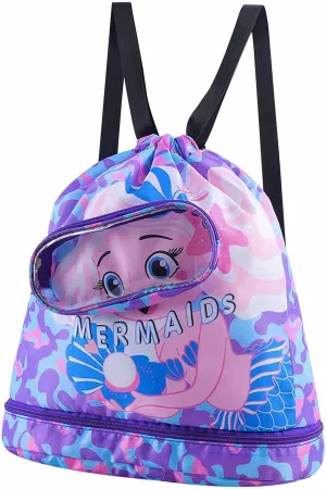 Mermaid Waterproof Beach Gym Backpack Mermaid Drawstring Swim Bag for Women Men Draw String Bags for Swimmers Dance Yoga Camp Dry Wet Separated Swimming Bag With Shoe Compartment