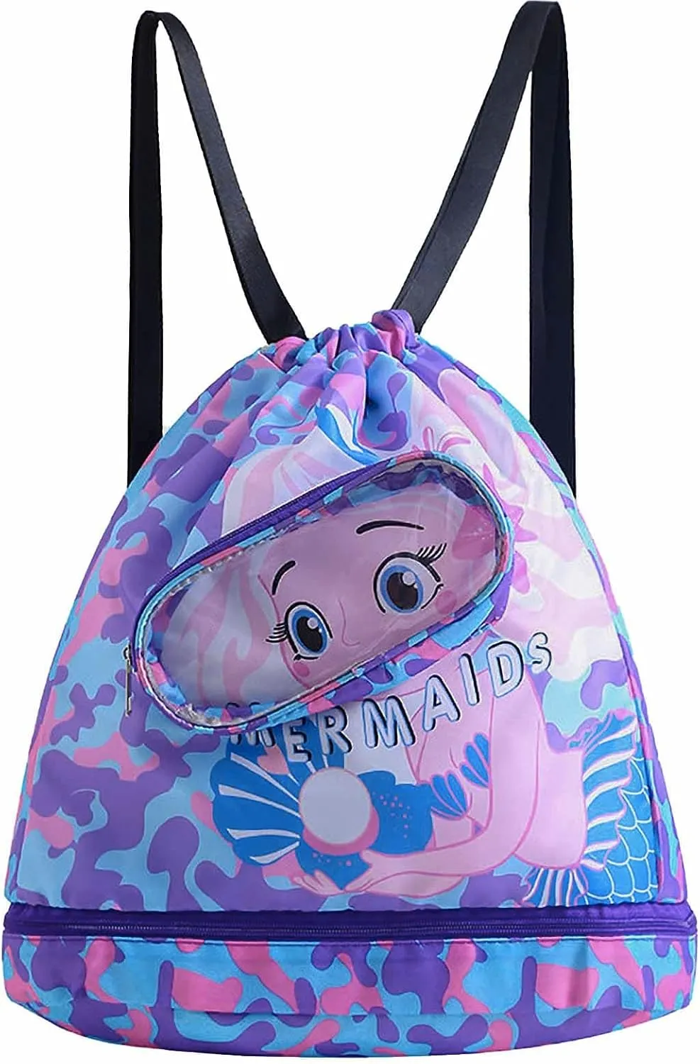 Mermaid Waterproof Beach Gym Backpack Mermaid Drawstring Swim Bag for Women Men Draw String Bags for Swimmers Dance Yoga Camp Dry Wet Separated Swimming Bag With Shoe Compartment