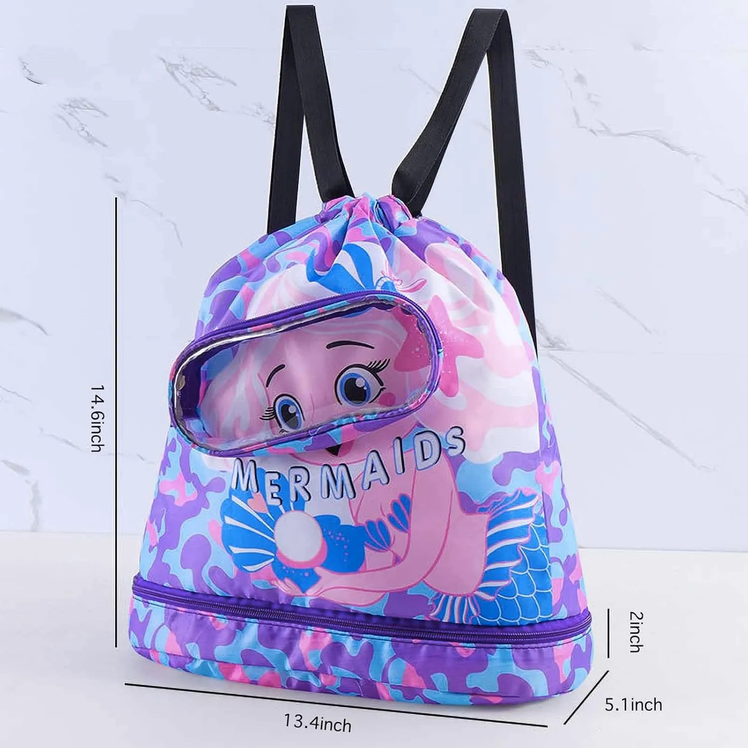 Mermaid Waterproof Beach Gym Backpack Mermaid Drawstring Swim Bag for Women Men Draw String Bags for Swimmers Dance Yoga Camp Dry Wet Separated Swimming Bag With Shoe Compartment