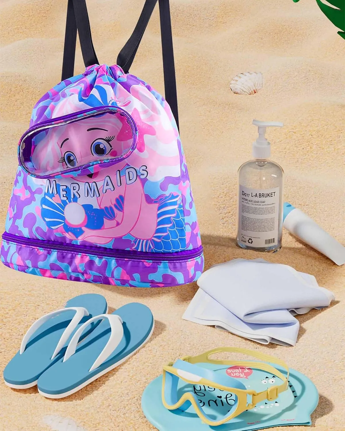 Mermaid Waterproof Beach Gym Backpack Mermaid Drawstring Swim Bag for Women Men Draw String Bags for Swimmers Dance Yoga Camp Dry Wet Separated Swimming Bag With Shoe Compartment