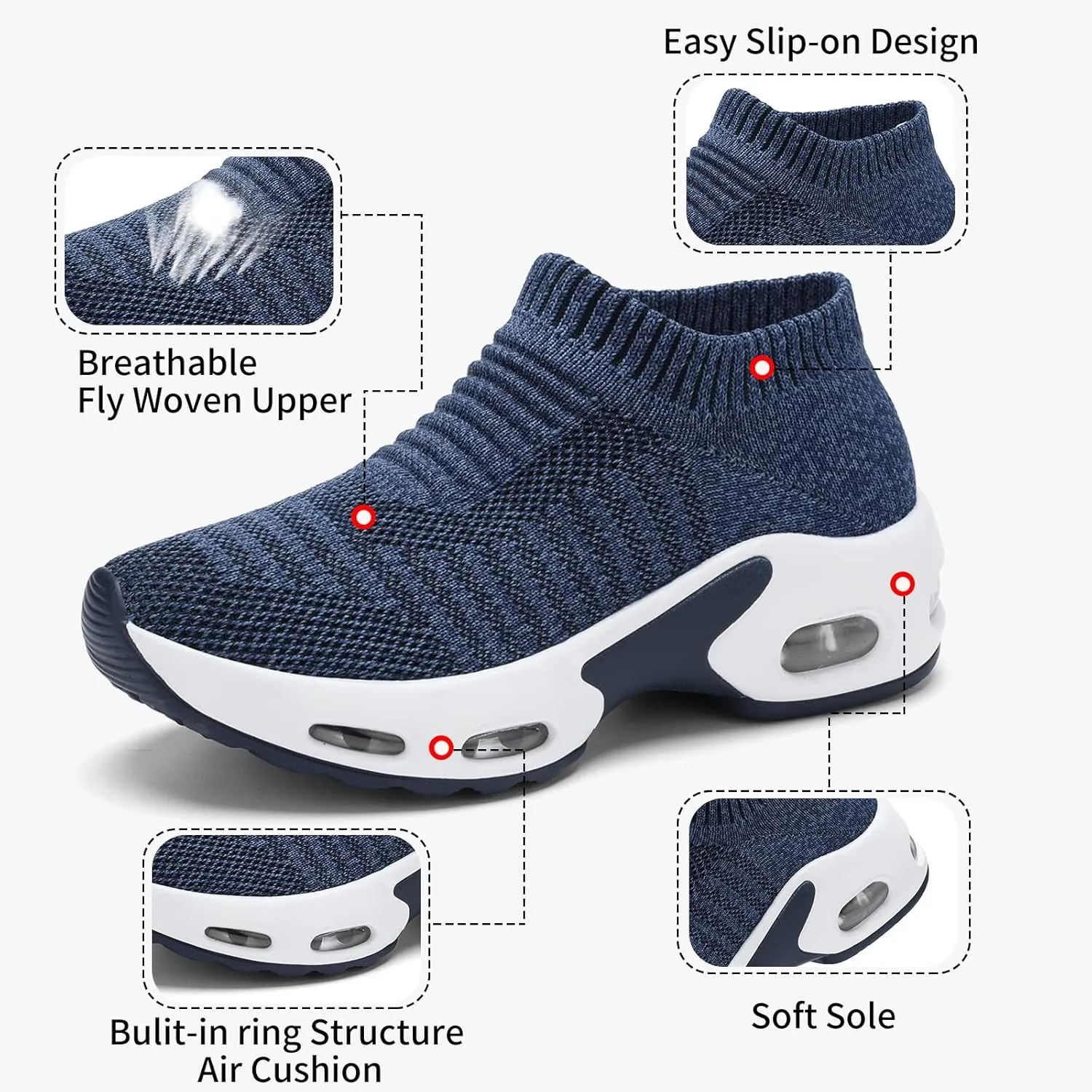 Mesh Sneakers for Women - Non Slip, Slip On, Sock Sneakers - Light Weight, Air Cushion Running, Work Shoes