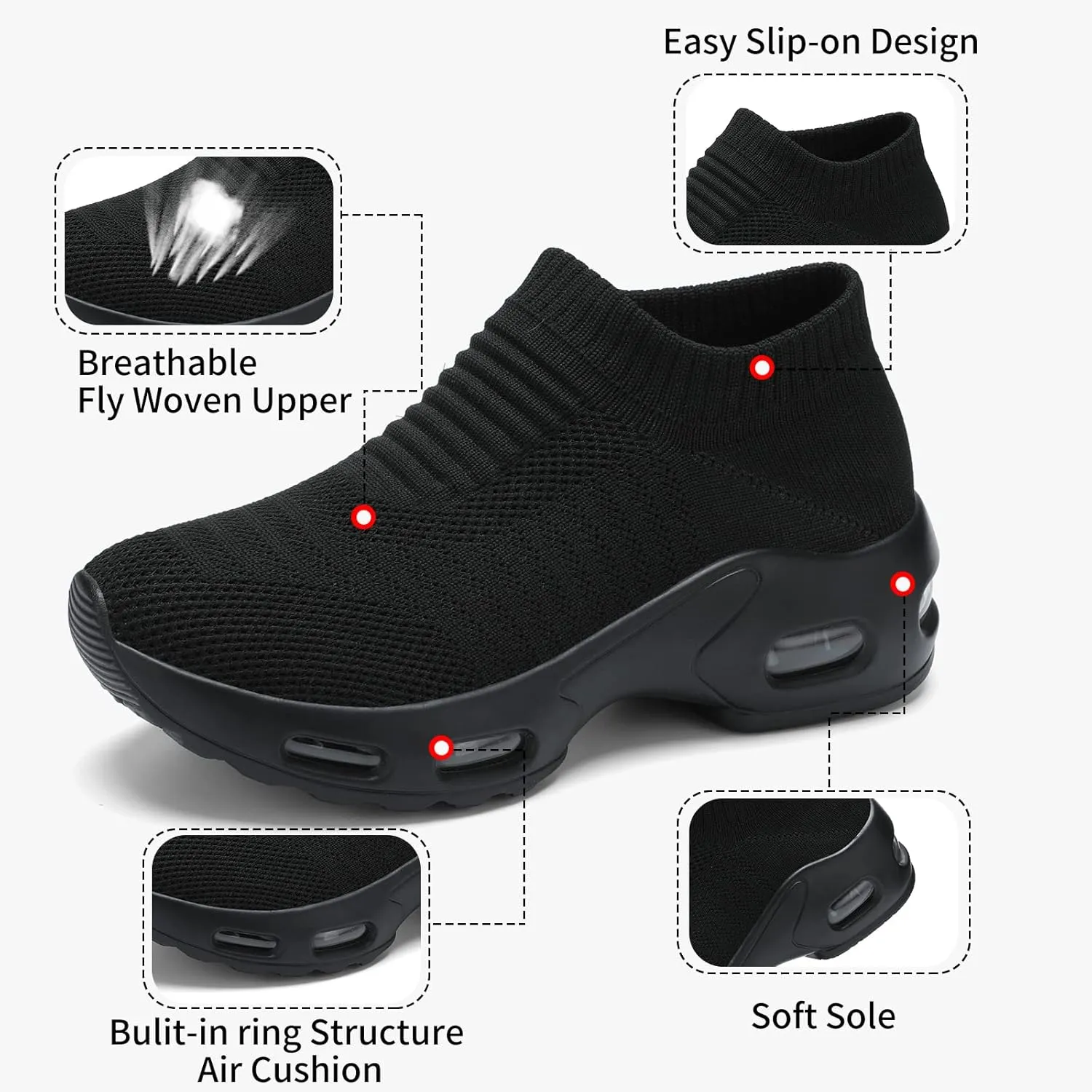 Mesh Sneakers for Women - Non Slip, Slip On, Sock Sneakers - Light Weight, Air Cushion Running, Work Shoes