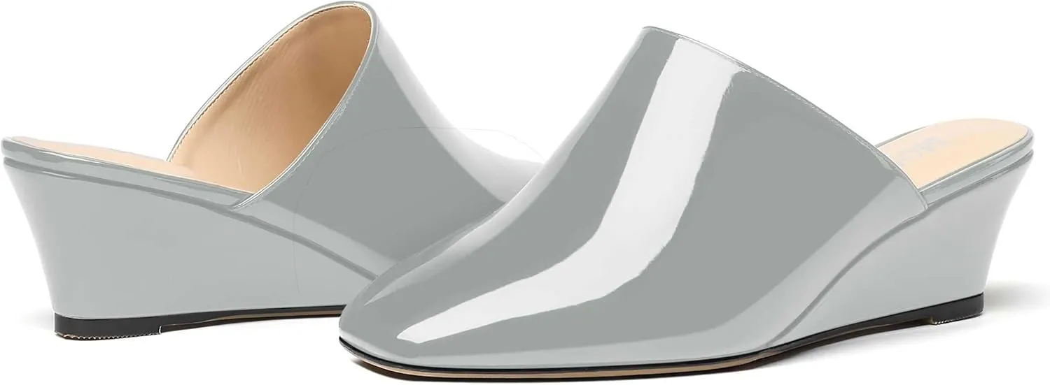 MODENCOCO Women's Slip On Comfortable Patent Dating Casual Square Toe Wedge Low Heel Mules Shoes 2 Inch