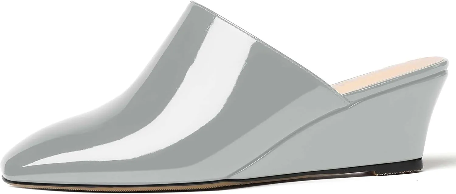MODENCOCO Women's Slip On Comfortable Patent Dating Casual Square Toe Wedge Low Heel Mules Shoes 2 Inch