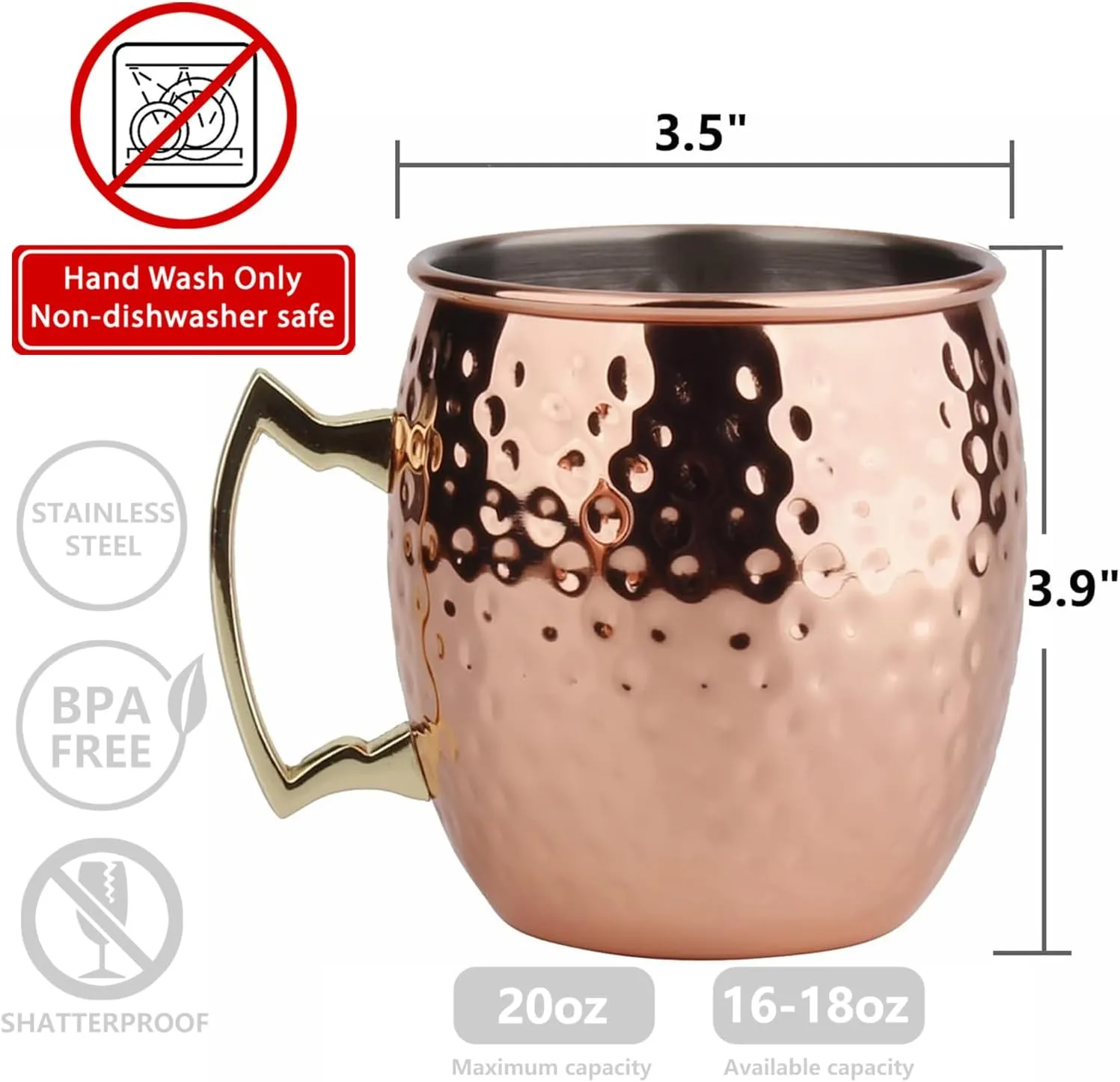 Moscow Mule Mug, Set of 4 Copper Hammered, Durable for Home Dining, Max Capacity 20oz, 3.7" D x 3.9" H