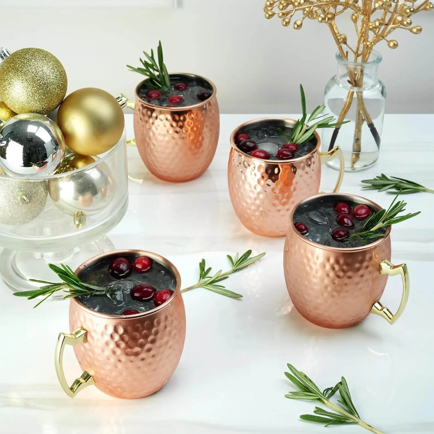 Moscow Mule Mug, Set of 4 Copper Hammered, Durable for Home Dining, Max Capacity 20oz, 3.7" D x 3.9" H
